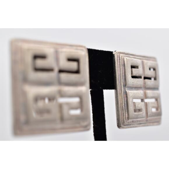 Givenchy Vintage 4G Logo Clip On Earrings Brushed Silver Chunky Signed 80s BinH - Picture 5 of 12